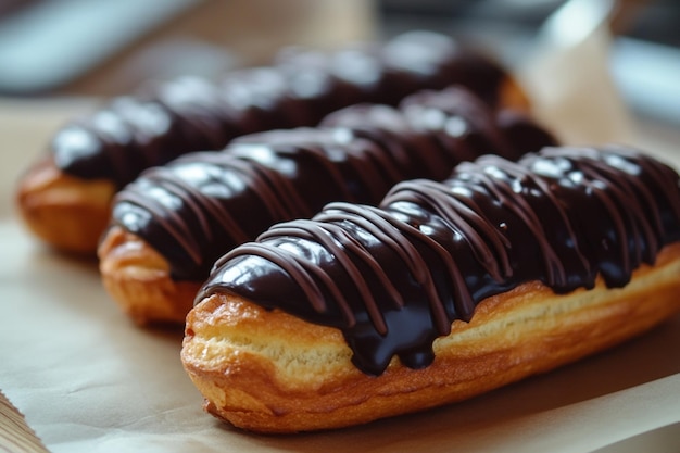 Photo food photography of chocolate covered eclairs displayed beautifully