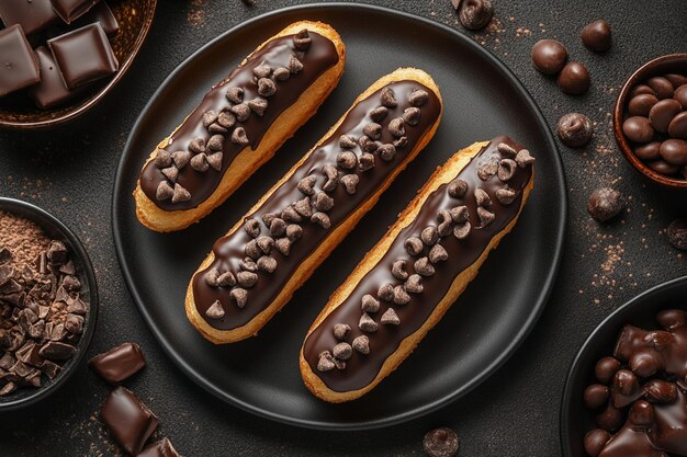 Photo food photography of chocolate covered eclairs displayed beautifully