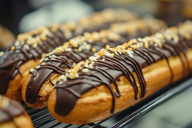 Photo food photography of chocolate covered eclairs displayed beautifully