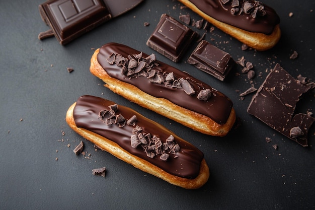 Photo food photography of chocolate covered eclairs displayed beautifully