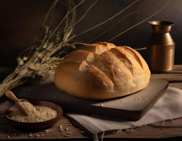 food photography of french bread served at a table with cool lighting