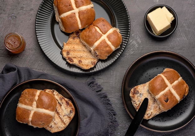 Food photography of hot cross bun and tea