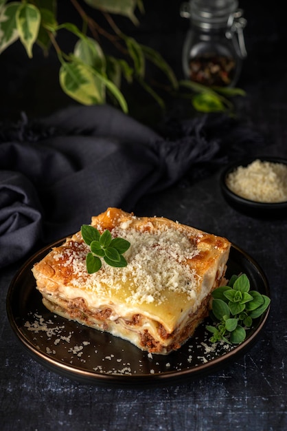 Food photography of lasagna and oregano