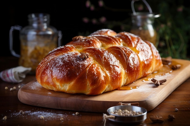 Food Photography of a loaf of freshly baked homemade bread exuding warmth and comfort on a rustic wooden table