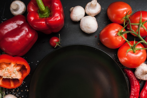 Food photography. organic vegetable assortment spices mix background. healthy vegetarian lifestyle concept