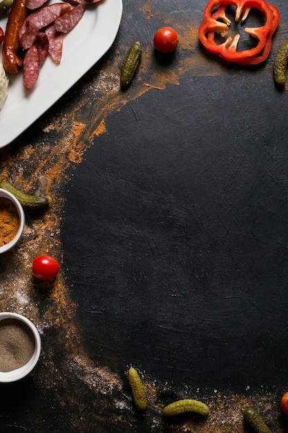 Food photography. organic vegetable and sausage assortment background. tasty lifestyle concept