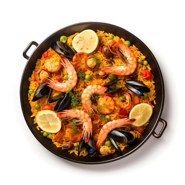 Food photography of Paella on plate isolated on white background