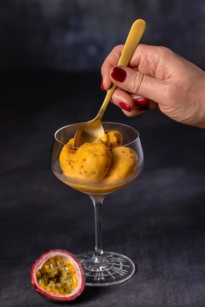 Food photography of passion fruit ice cream