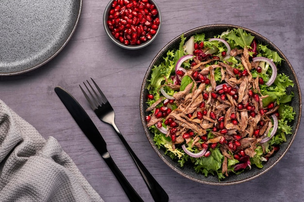 Food photography of salad with crispy duck