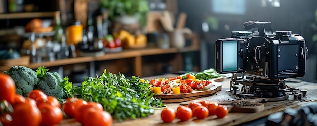 Food Photography Setup Camera Vegetables and Wooden Table