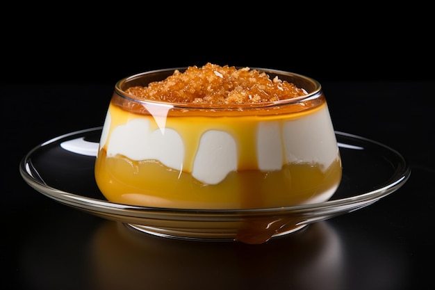 Food Photography of a sweet caramel dessert capturing the indulgent beauty of creamy vanilla custard topped with a luscious layer of caramelized sugar