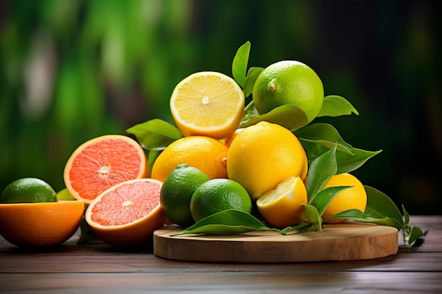 Food Photography of a vibrant collection of citrus fruits including oranges lemons and grapefruits