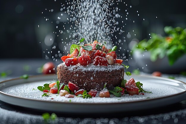 Photo food photography a white plate with salad and chocolate cake on it flying in the air on a black background