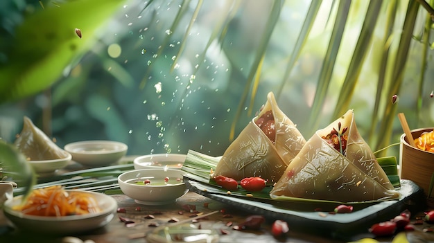 Photo a food photographythe zongzi on the table have bamboo leaves and red dates around