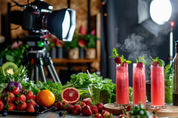 Photo food photoshoot creative composition with professional equipment and juice in photo studio