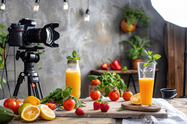 Photo food photoshoot professional camera and juice in creative food photography studio