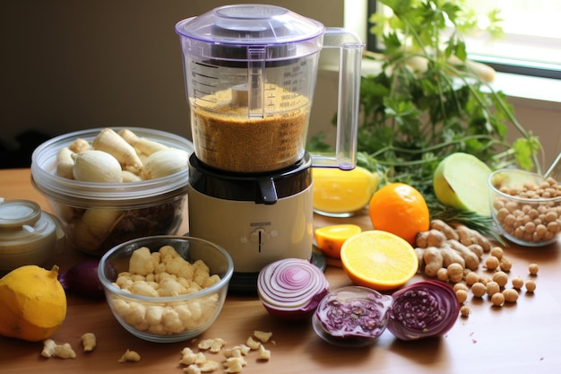 Food processor blending hummus ingredients