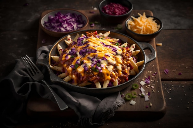 Food Product Photography Chili Cheese and Red Onion Loaded Fries Generative AI