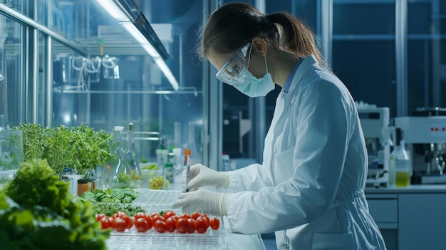 A food scientist analyzing nutritional content in a lab modern and clean environment