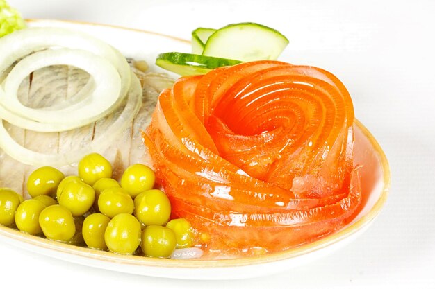 Food series macro picture of fillet herring with vegetables