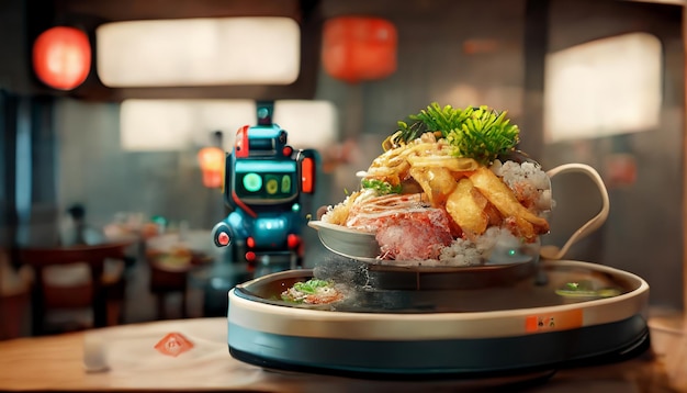 Food service robot in restaurant with Japanese food Technology and business concept