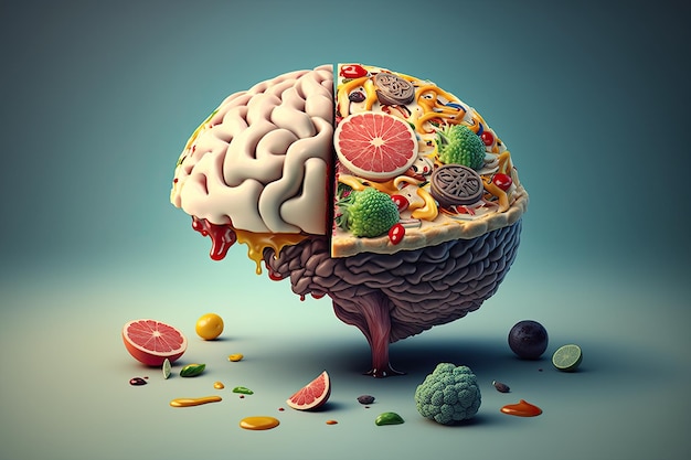 Food in a shape of a brain on a blue background Nutrition concept Generative AI