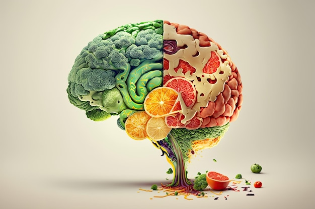 Food in a shape of a brain on a colorful background Nutrition concept Generative AI