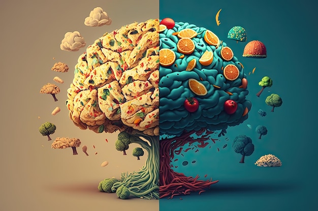 Food in a shape of a brain on a colorful background Nutrition concept Generative AI