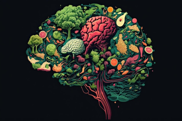 Food in a shape of a brain on a dark background Nutrition concept Generative AI