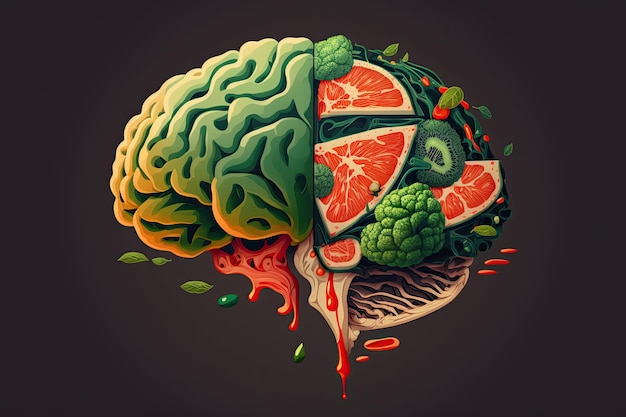 Food in a shape of a brain on a dark background Nutrition concept Generative AI