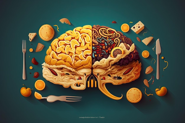 Food in a shape of a brain on a dark green background Nutrition concept Generative AI