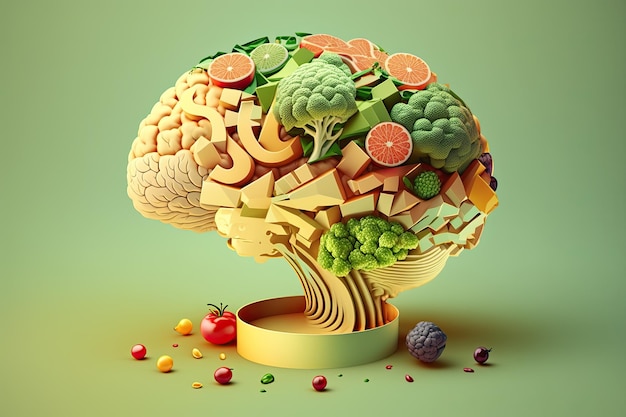 Food in a shape of a brain on a green background Nutrition concept Generative AI