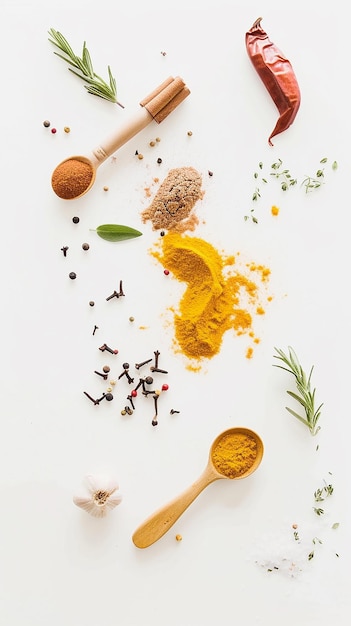 Food and spices on a white background Cooking