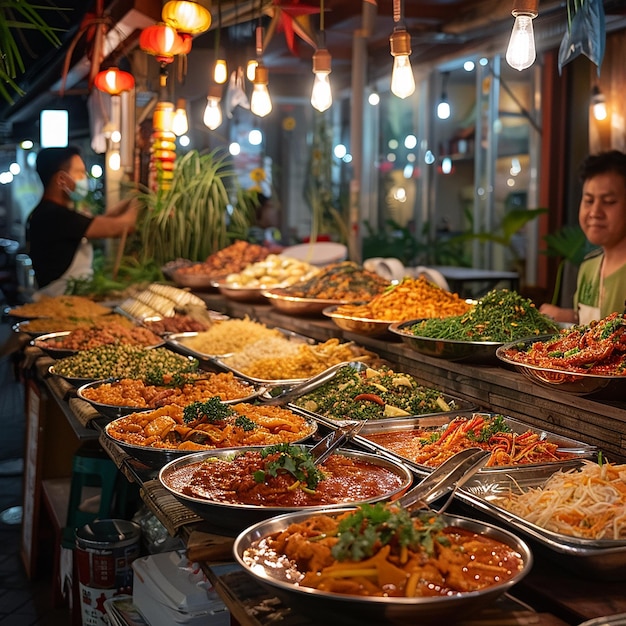 a food stall with a man selling food at the market