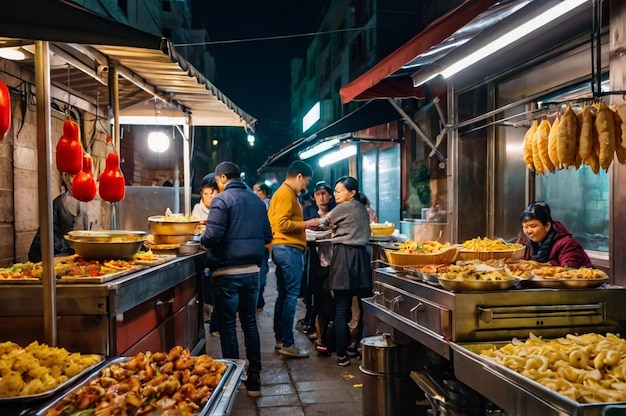 a food stall with people standing around it and a sign that says quot dont eat quot