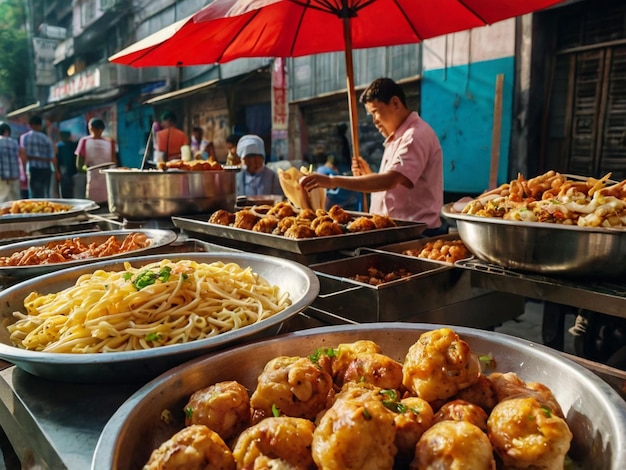 a food stall with a red umbrella and a man in a pink shirt