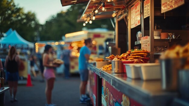 Photo food stalls at a summer fair with people enjoying snacks in the evening