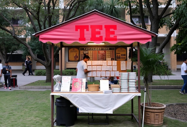 a food stand with a red awning that says tw