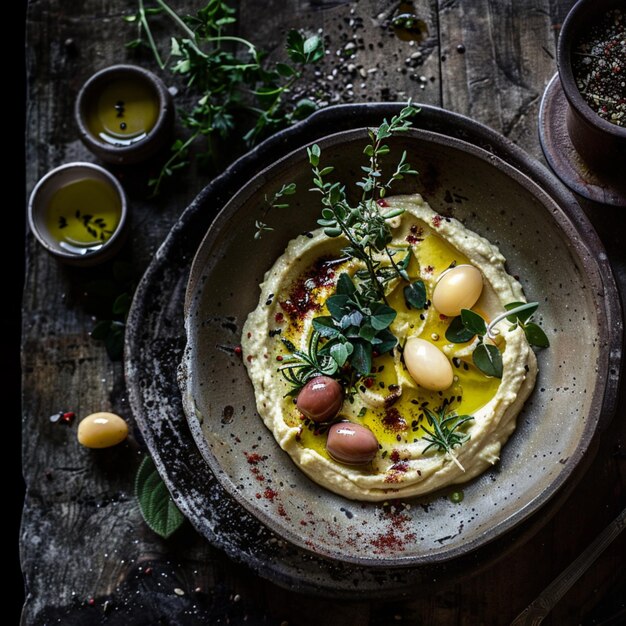 Photo food styling presentation of hummus