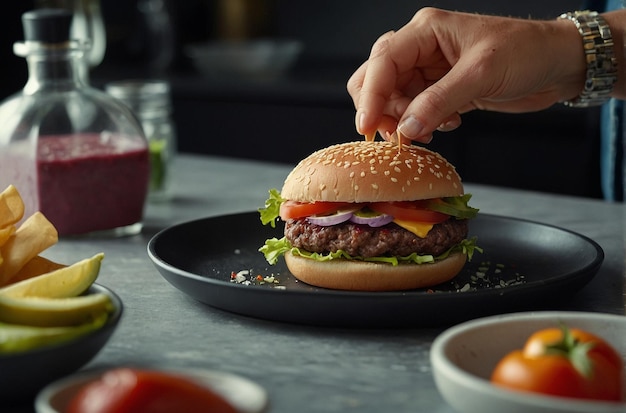 Food stylist arranging ingredients for a burger shoot