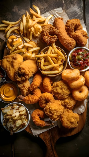 Food on the table fries chicken nuggets meat and salads