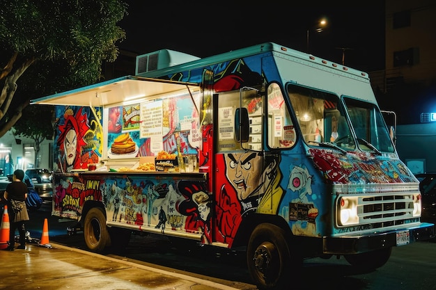 A food truck conveniently parked on the side of the road providing a delicious mobile dining option for hungry customers A food truck decorated with comic book art selling street food AI Generated