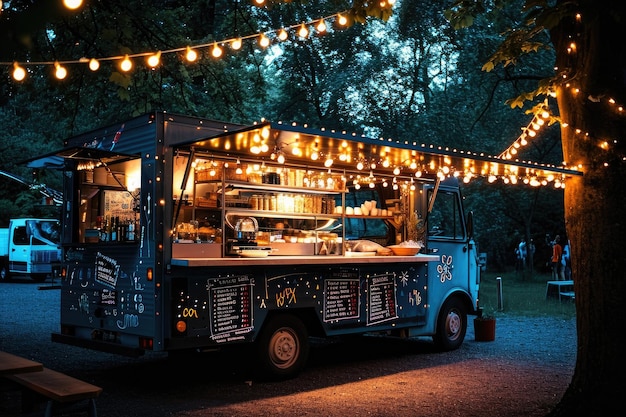 A food truck illuminated by the park lights serving delicious food in a peaceful park setting at night A food truck with twinkling fairy lights at a summer twilight event AI Generated