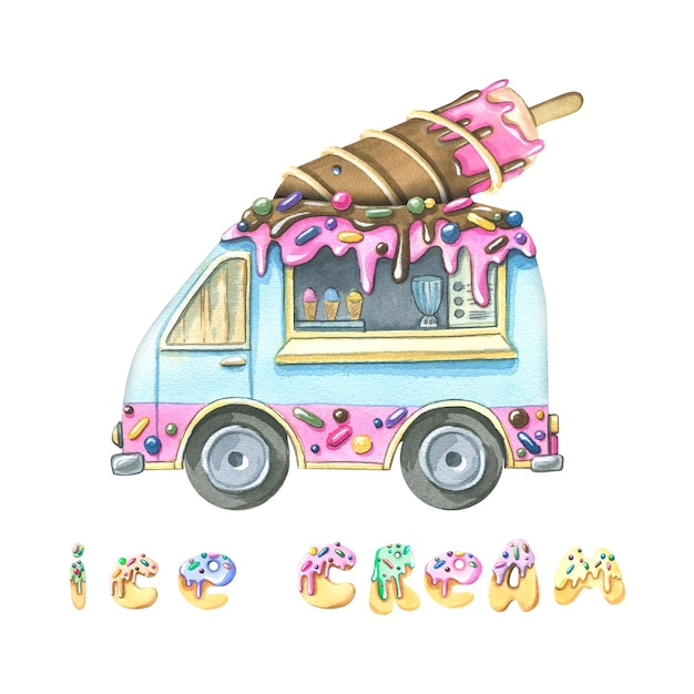 The food truck is a blue van with popsicle ice cream in pink and chocolate glaze and with multicolored confectionery sprinkles Watercolor illustration Composition of a large set of ICE CREAM