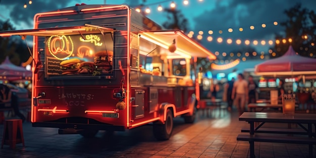 Photo a food truck is parked in front of a restaurant with a neon sign that says quotlait