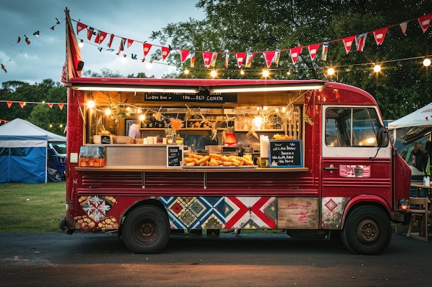 A food truck parked in front of a tent ready to serve delicious meals and snacks A food truck decorated in classic British style selling fish and chips AI Generated