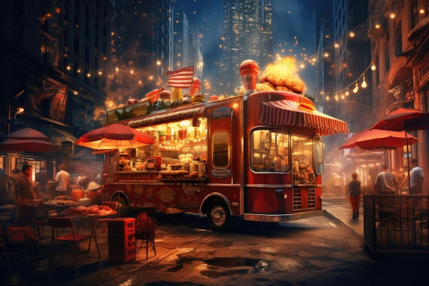 A food truck parked on the side of a bustling street offers a convenient and delicious dining option for hungry customers A food truck serving hot dogs in a bustling city street AI Generated