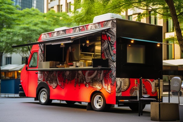 Food truck parked on side of busy street modern asian fusion food truck in a city square