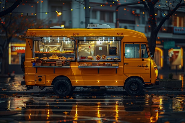 Food truck on the road with free spaces fast food and many different items