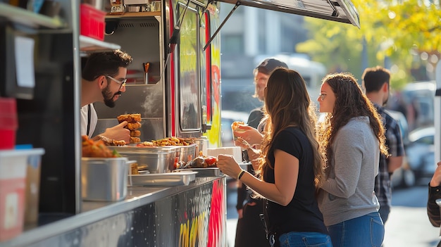 Photo a food truck vendor serves a customer while others wait in line